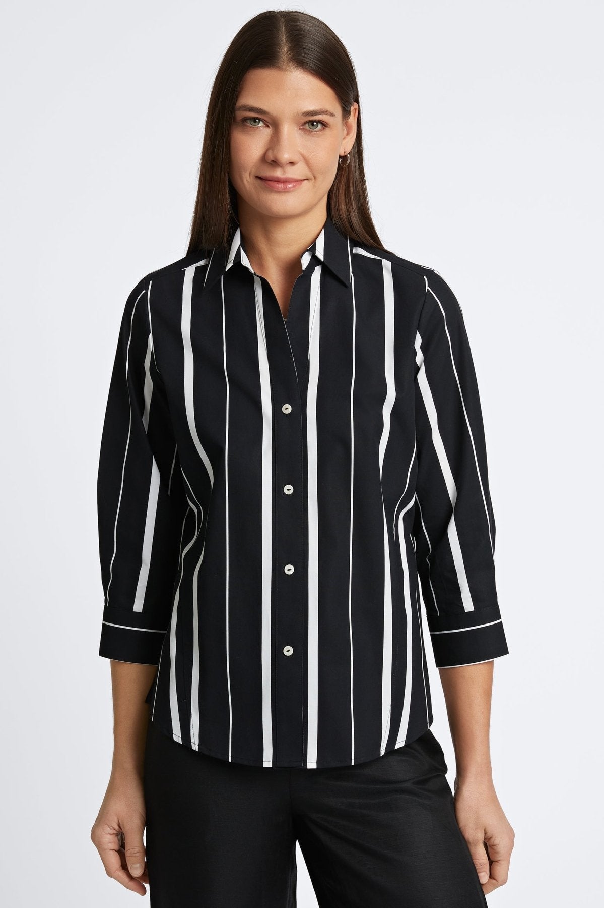 Paityn Black \u0026 White Stripe 3/4 Sleeve Shirt - Black \u0026 White Stripe / 2, image size:1199x1800