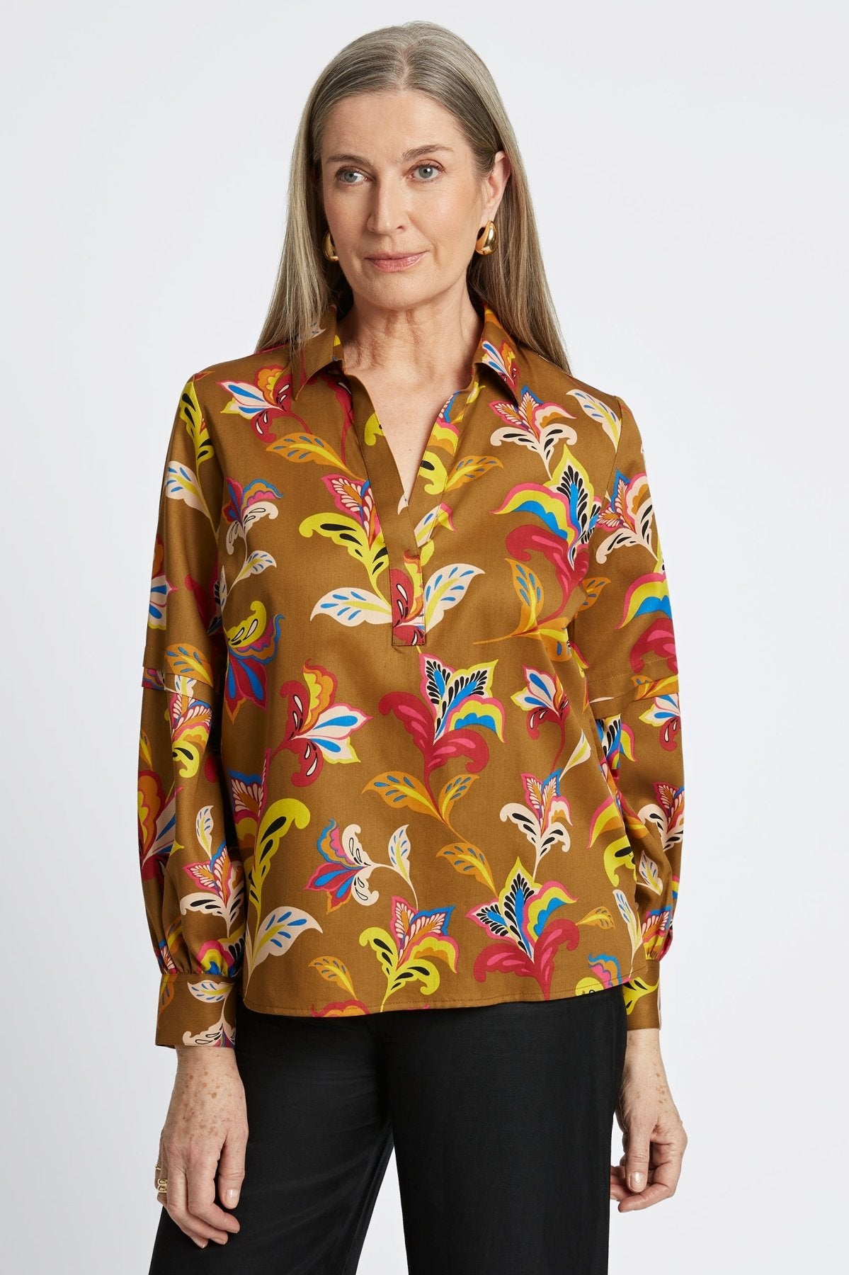 Frankie Stylized Floral Long Sleeve Popover Shirt