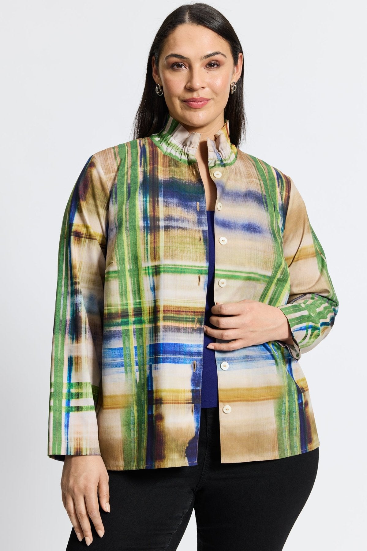 Carolina Plus Painterly Plaid Long Sleeve Shirt Jacket