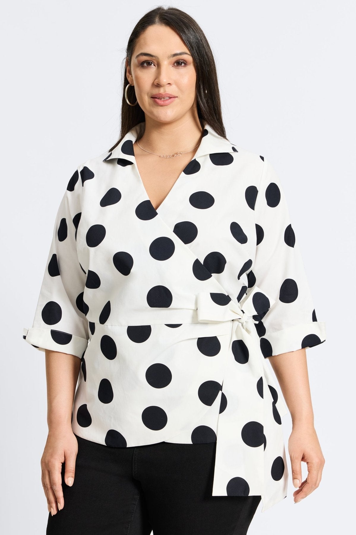 Salina Plus Black White Dot 3/4 Sleeve Shirt- Foxcroft