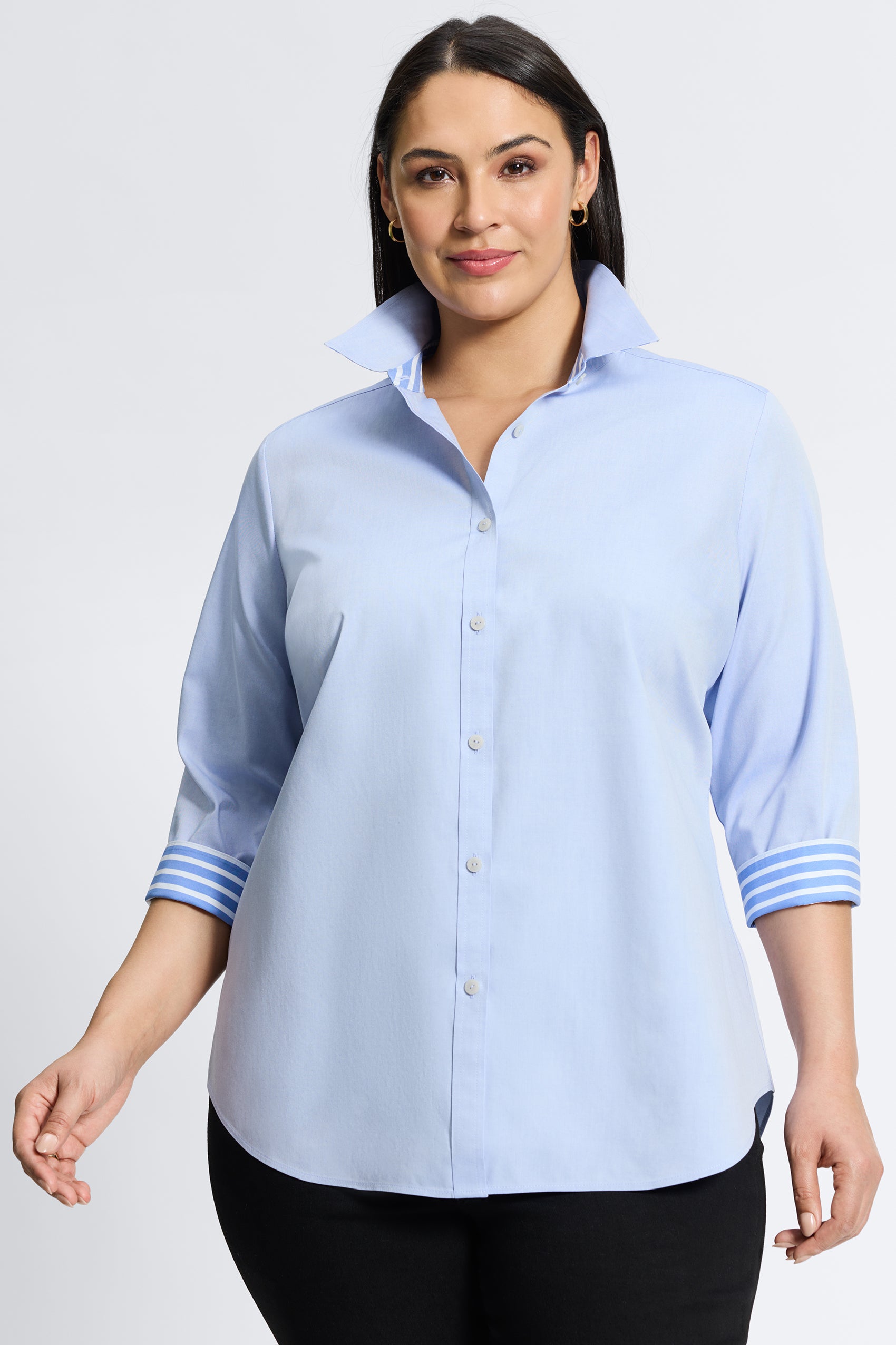 Margie No Iron Pinpoint Stripe Detail 3/4 Sleeve Shirt