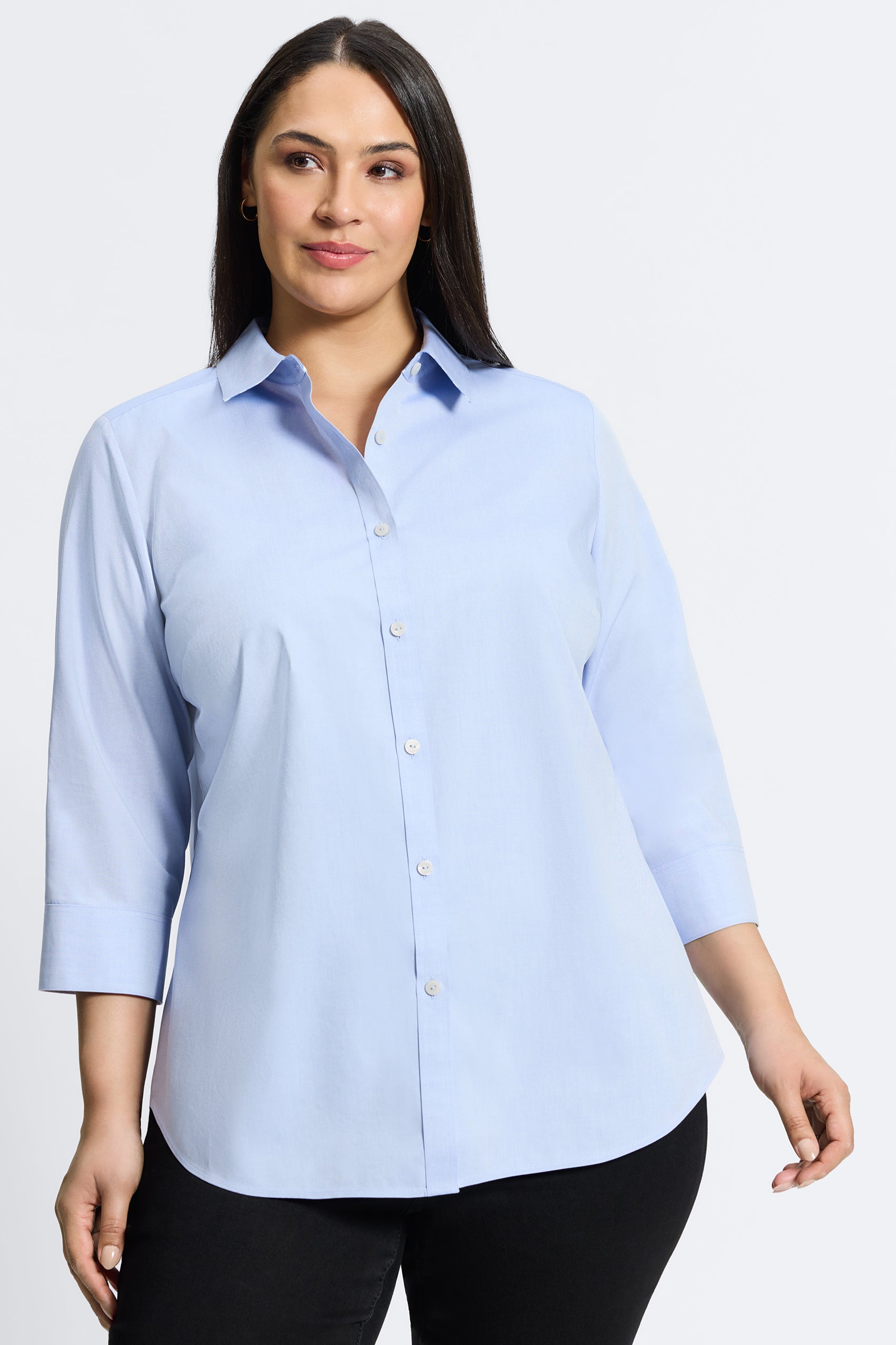 Margie No Iron Pinpoint Stripe Detail 3/4 Sleeve Shirt