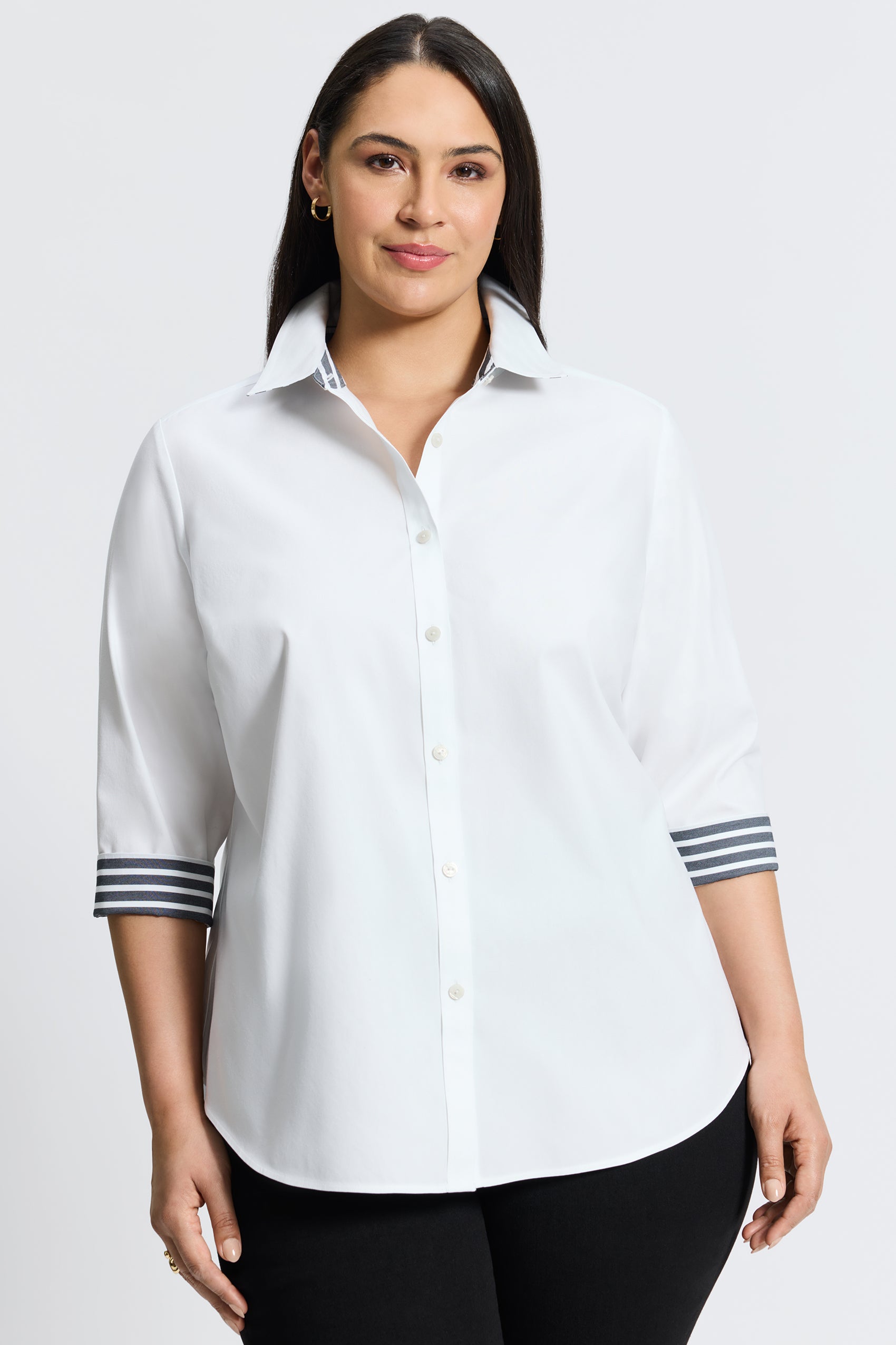 A relaxed fit no-iron Foxcroft shirt in soft white, styled for plus-size comfort.