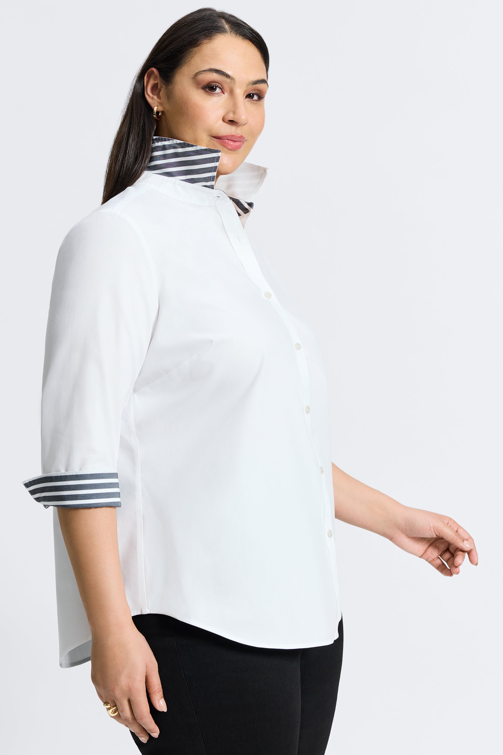 Margie Plus No Iron Pinpoint Stripe Detail 3/4 Sleeve Shirt