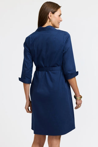 Back view of the Agnes Stretch Matte Sateen 3/4 Sleeve Dress featuring the flattering self tied belt #color_navy