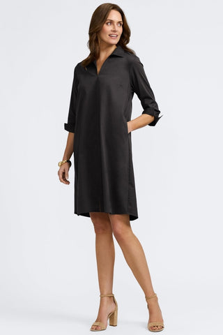 Front view of the Agnes Stretch Matte Sateen 3/4 Sleeve Dress showing off it's effortless draping #color_black