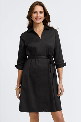 Front view of the Agnes Stretch Matte Sateen 3/4 Sleeve Dress worn with the self tied belt #color_black