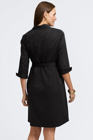 Back view of the Agnes Stretch Matte Sateen 3/4 Sleeve Dress worn wtih the flattering self tied belt #color_black