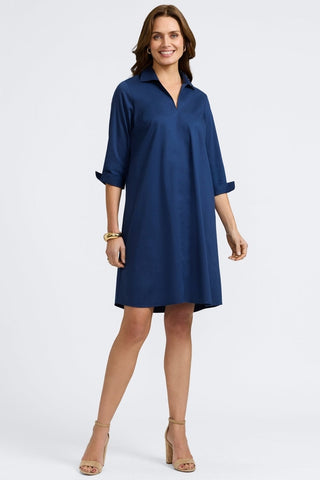 Front view of the Agnes Stretch Matte Sateen 3/4 Sleeve Dress worn without the self tied belt #color_navy