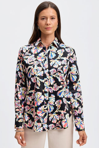 Front view of model wearing the Meghan Night Blossoms Long Sleeve Shirt