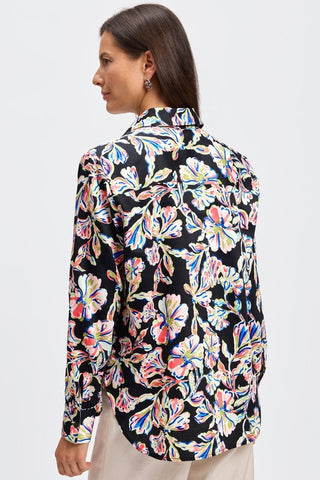 Angled back view of model wearing the Meghan Night Blossoms Long Sleeve Shirt