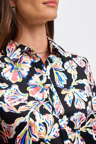 Close up of the crisp point collar and vibrant floral pattern of the Meghan Night Blossoms Long Sleeve Shirt