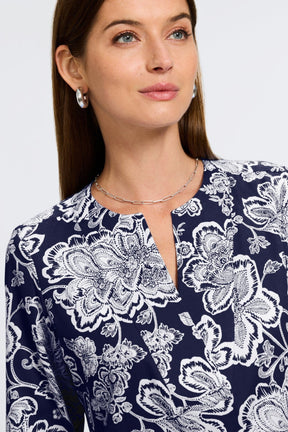 Vena Woodblock Floral 3/4 Sleeve Popover Shirt