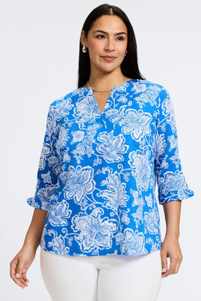 Vena Plus Woodblock Floral 3/4 Sleeve Popover Shirt