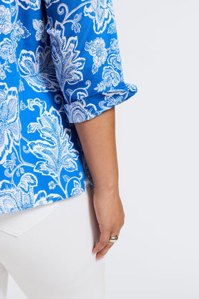 Vena Plus Woodblock Floral 3/4 Sleeve Popover Shirt