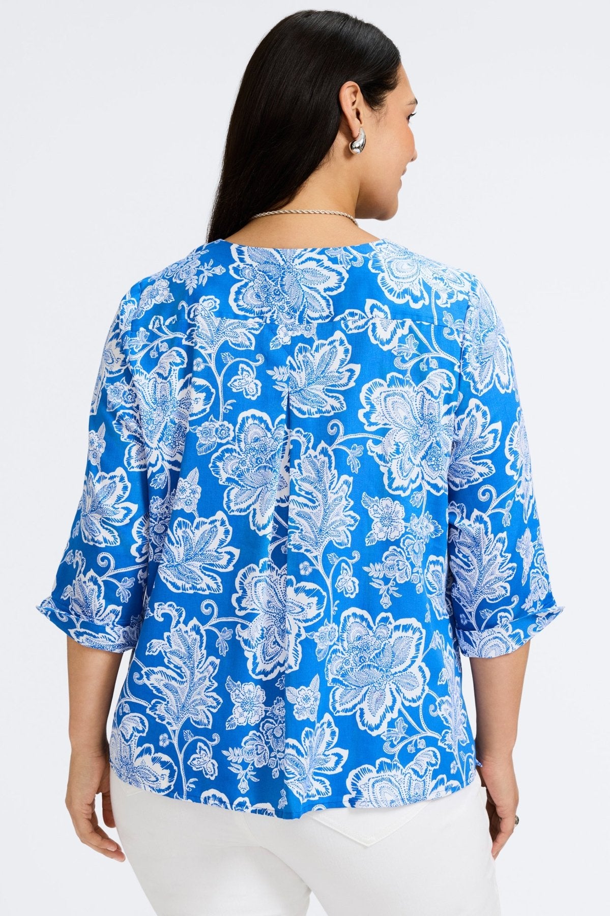 Vena Plus Woodblock Floral 3/4 Sleeve Popover Shirt