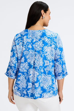 Vena Plus Woodblock Floral 3/4 Sleeve Popover Shirt