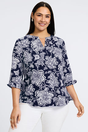 Vena Plus Woodblock Floral 3/4 Sleeve Popover Shirt