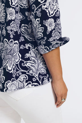 Vena Plus Woodblock Floral 3/4 Sleeve Popover Shirt