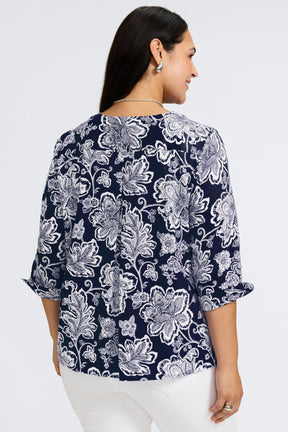 Vena Plus Woodblock Floral 3/4 Sleeve Popover Shirt