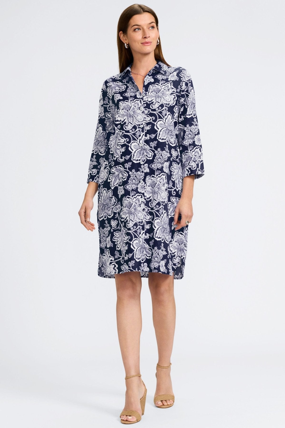 Rocca Woodblock Floral 3/4 Sleeve Dress