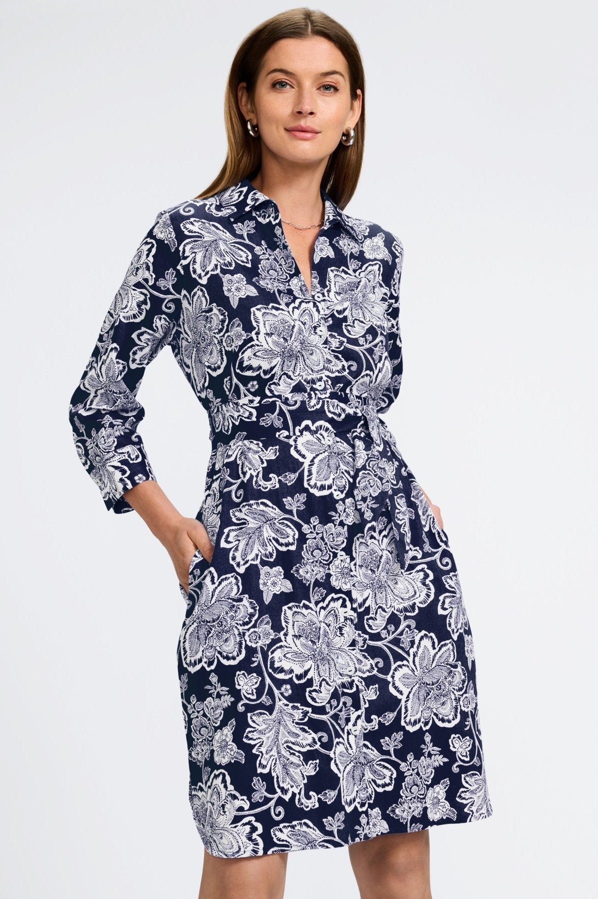 Rocca Woodblock Floral 3/4 Sleeve Dress
