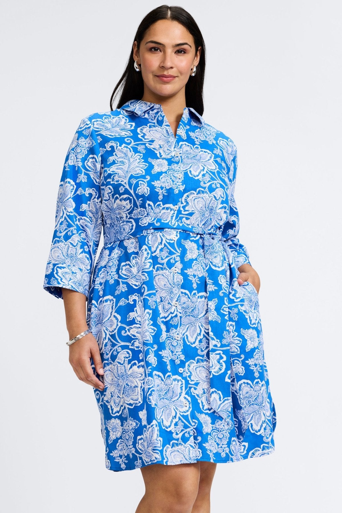 Rocca Plus Woodblock Floral 3/4 Sleeve Dress