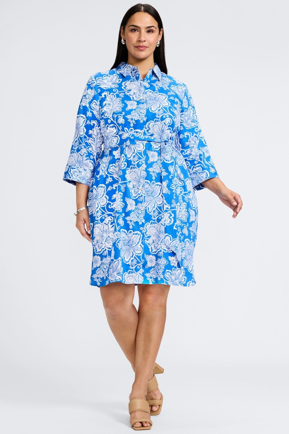 Rocca Plus Woodblock Floral 3/4 Sleeve Dress