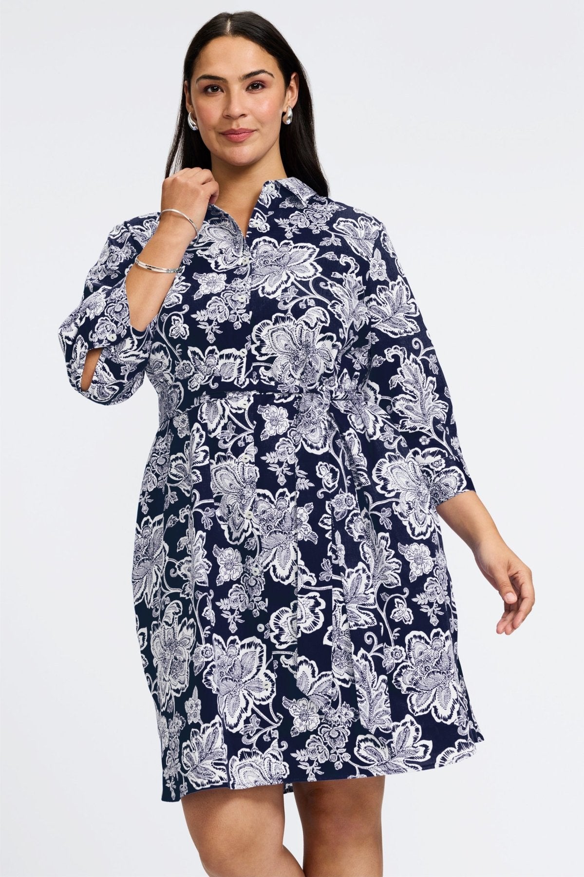 Rocca Plus Woodblock Floral 3/4 Sleeve Dress