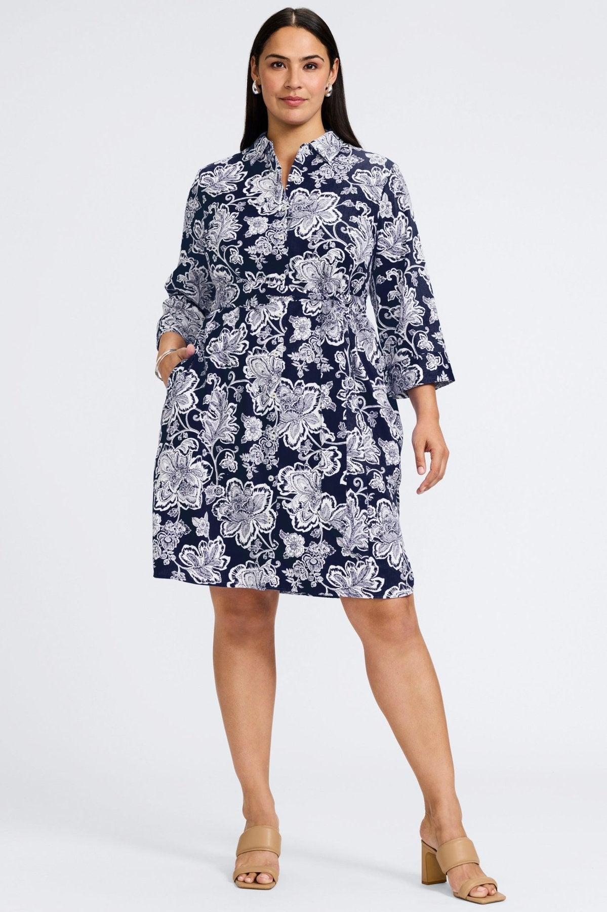 Rocca Plus Woodblock Floral 3/4 Sleeve Dress