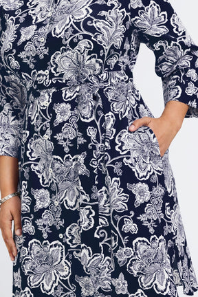 Rocca Plus Woodblock Floral 3/4 Sleeve Dress
