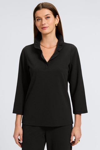 Front view of a woman wearing the Tammy Knit Crepe 3/4 Sleeve Popover Shirt #color_black