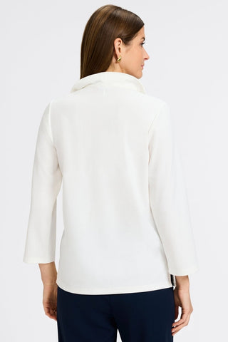 back view of a woman wearing the Tammy Knit Crepe 3/4 Sleeve Popover Shirt #color_ecru