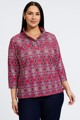 Tammy Plus Geometric Tile Knit Crepe 3/4 Sleeve Popover Shirt