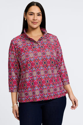 Tammy Plus Geometric Tile 3/4 Sleeve Popover Shirt