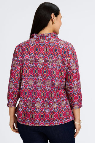 Tammy Plus Geometric Tile Knit Crepe 3/4 Sleeve Popover Shirt