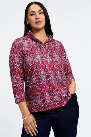 Tammy Plus Geometric Tile Knit Crepe 3/4 Sleeve Popover Shirt