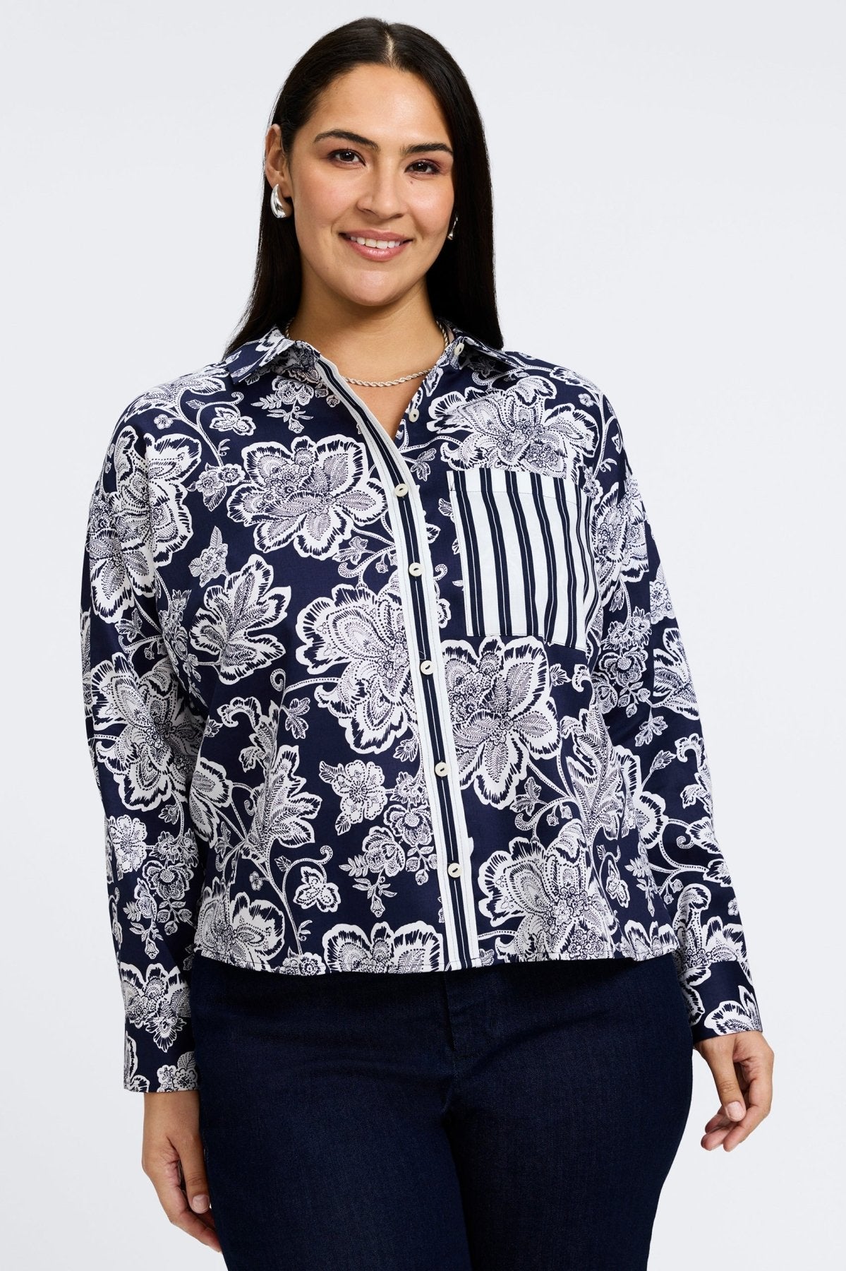 Marina Plus Woodblock Floral Long Sleeve Shirt