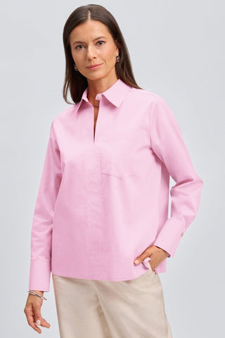 front view of a woman wearing the Bella No Iron Stretch Long Sleeve Shirt
#color_bubblegum