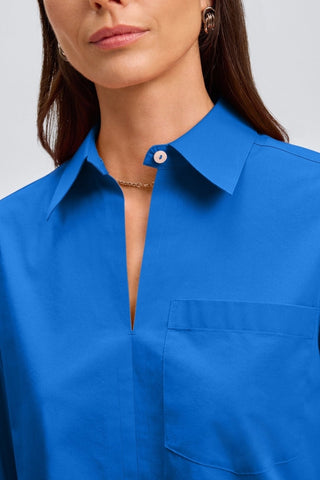 Close up front view of the collar and neckline of the Bella No Iron Stretch Long Sleeve Shirt #color_cobalt blue