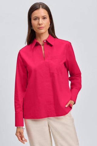 Front view of a woman wearing the Bella No Iron Stretch Long Sleeve Shirt #color_raspberry