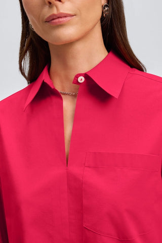 Close up of the open neckline and collar of the Bella No Iron Stretch Long Sleeve Shirt #color_raspberry