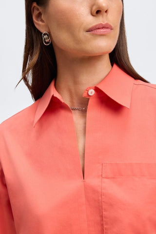 Close up view of the neckline and collar of the Bella No Iron Stretch Long Sleeve Shirt
#color_tangerine