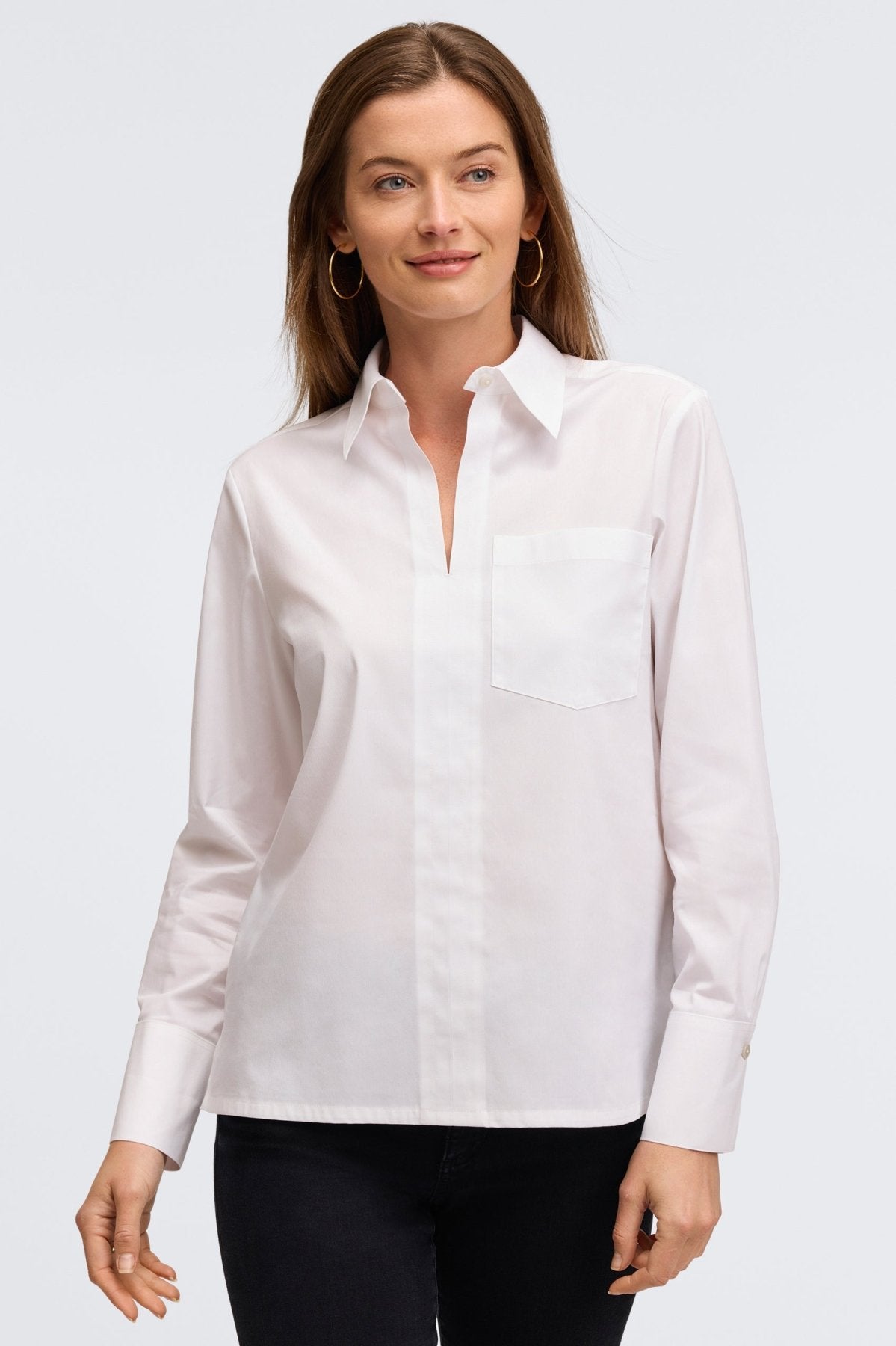 Woman in Foxcroft Bella white shirt crafted for effortless polish