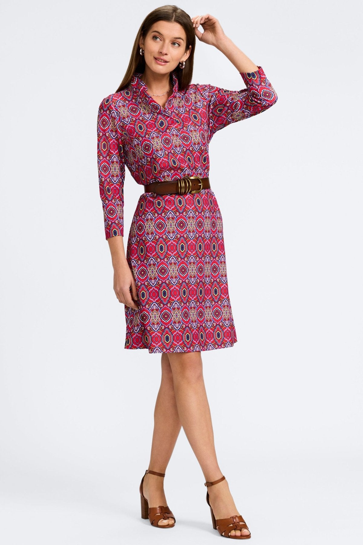 Tammy Geometric Tile Knit Crepe 3/4 Sleeve Dress