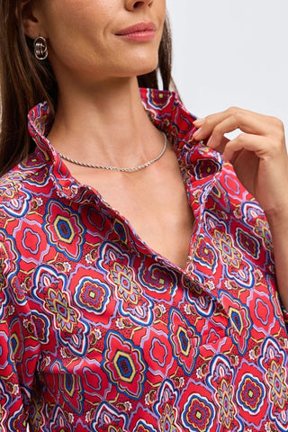 Tammy Geometric Tile Knit Crepe 3/4 Sleeve Popover Shirt