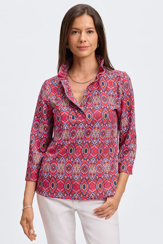 Tammy Geometric Tile Knit Crepe 3/4 Sleeve Popover Shirt