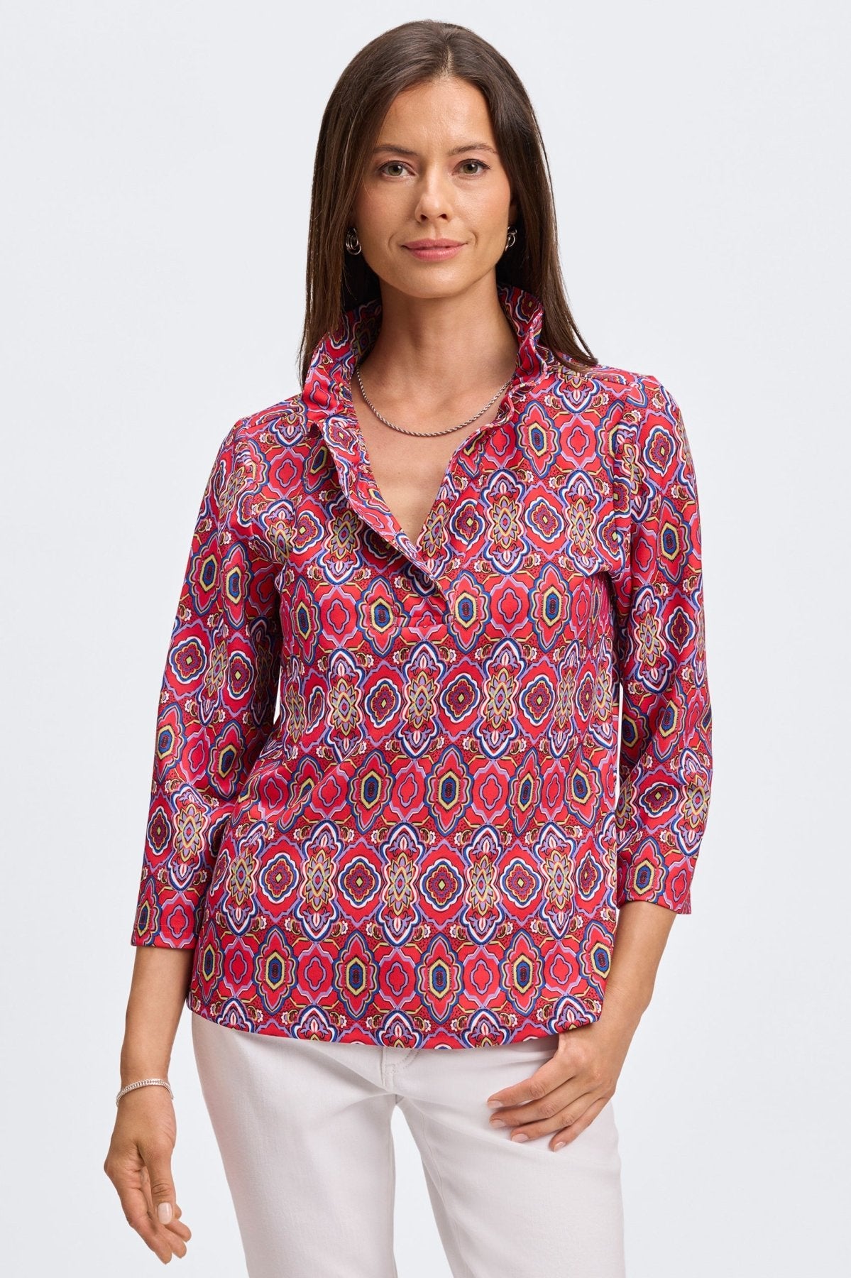 Tammy Geometric Tile 3/4 Sleeve Popover Shirt