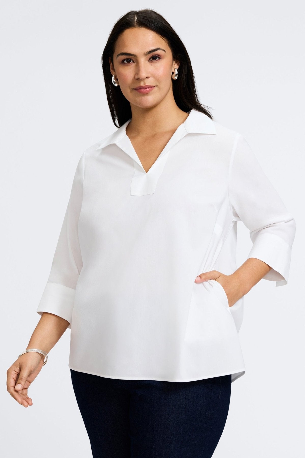Julia Plus No Iron Stretch Cotton 3/4 Sleeve Popover Shirt