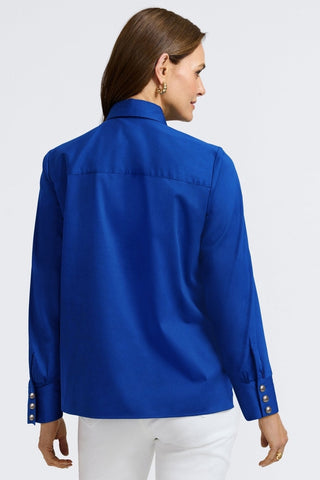 Back view of women wearing Pearl Stretch Matte Sateen Long Sleeve Shirt
#color_blue topaz